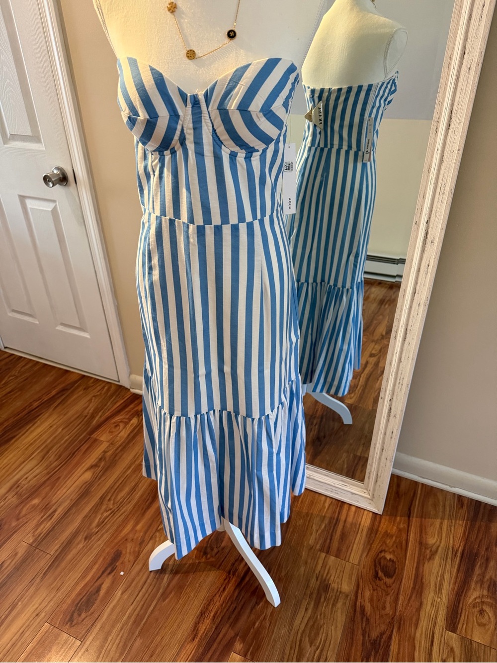 Aqua Blue and White Striped Bustier Midi Dress